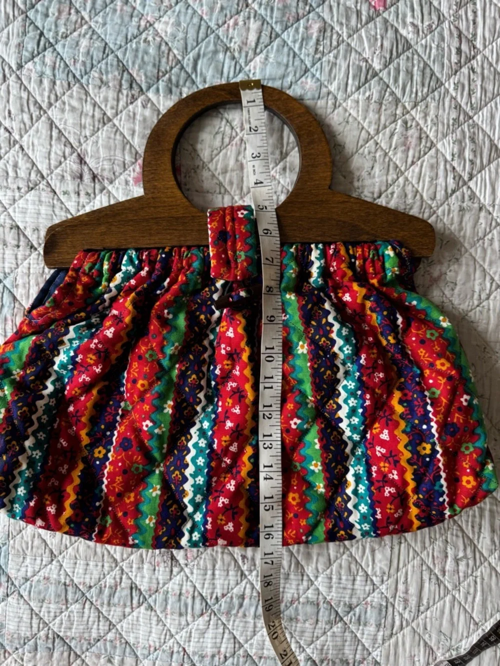 Vintage Boho Folk Print Wooden Handle Bag Cottagecore Festival Summer Purse - Picture 8 of 9